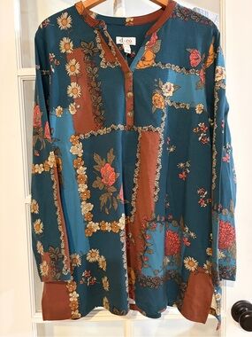 Denim & Co XL Boho Floral Country Button Front Tunic Blue Brown Daisy Flower